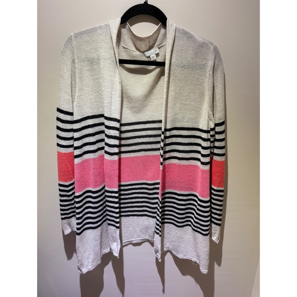 J. Jill Linen Blend Striped Open Front Cardigan Sweater Cream Pink Black M